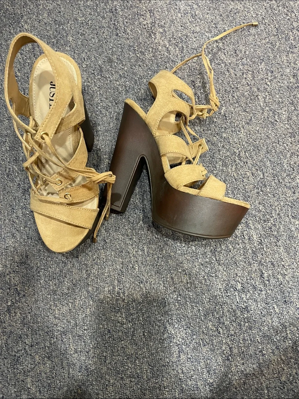 JustFab Beige Suede Lace-Up Platform Sandals with Brown Block Heel